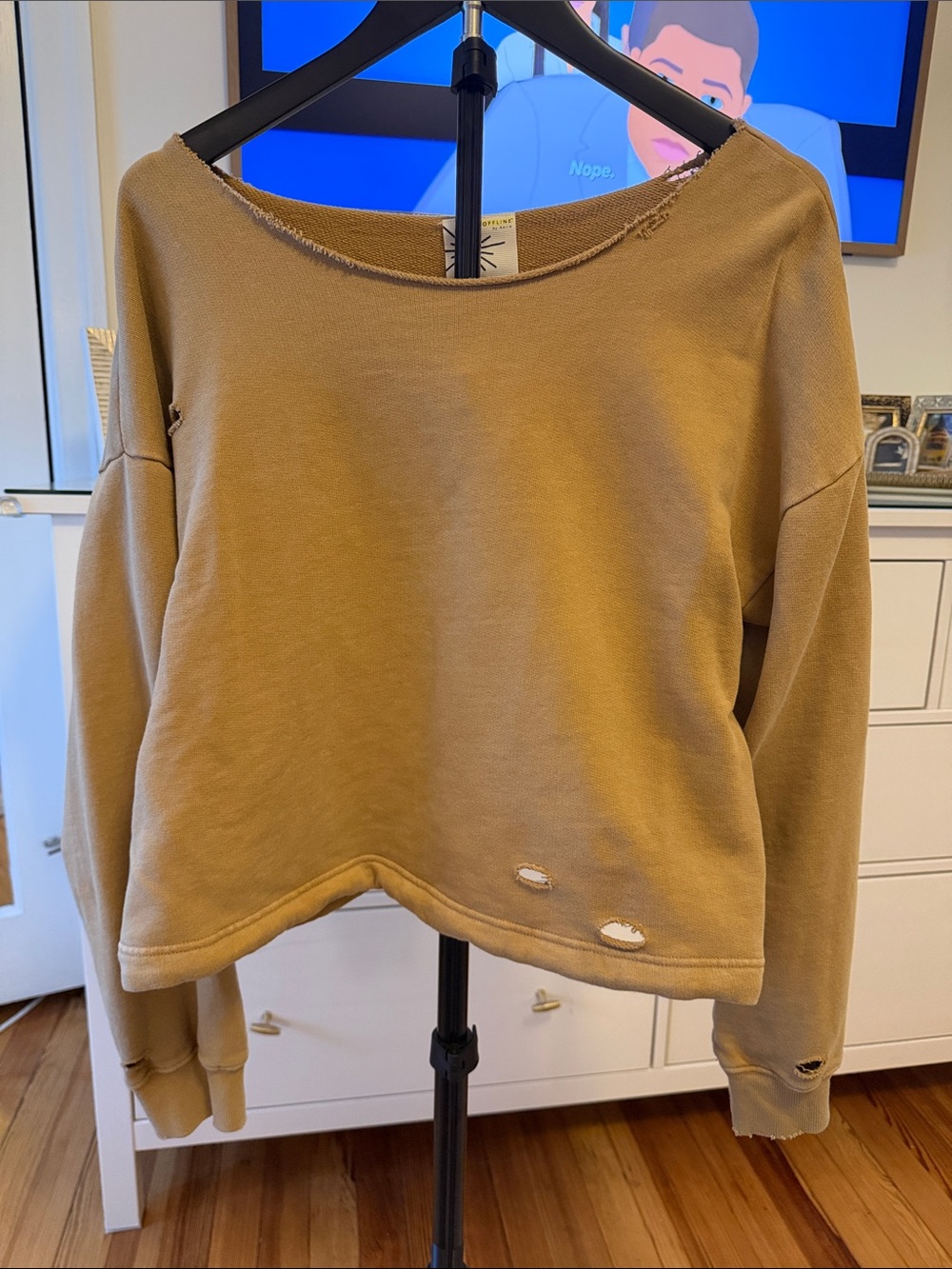aerie Cropped Drawstring Sweatshirt in Tan